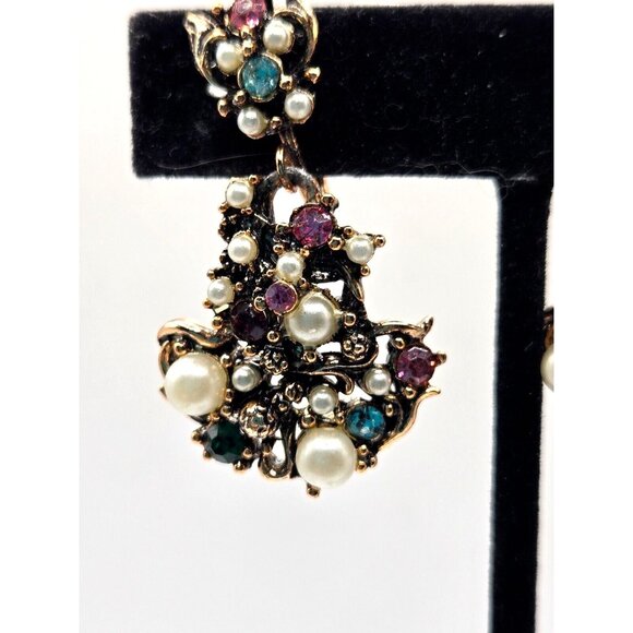 Hollycraft 50s multi color rhinestone faux pearl earrings screw backs unsigned - Picture 6 of 6